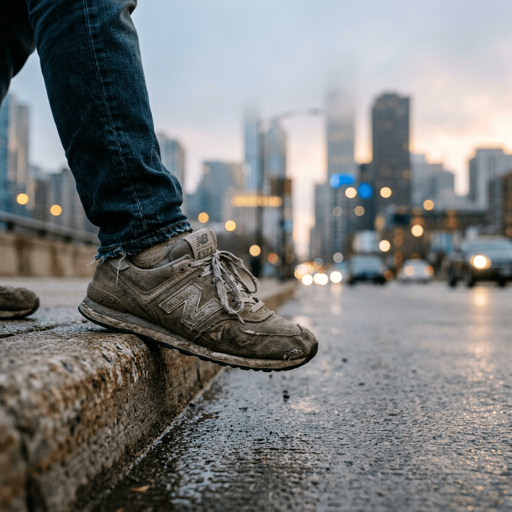 Worn New Balance sneaker stepping off a curb on a wet street with city skyline blurred