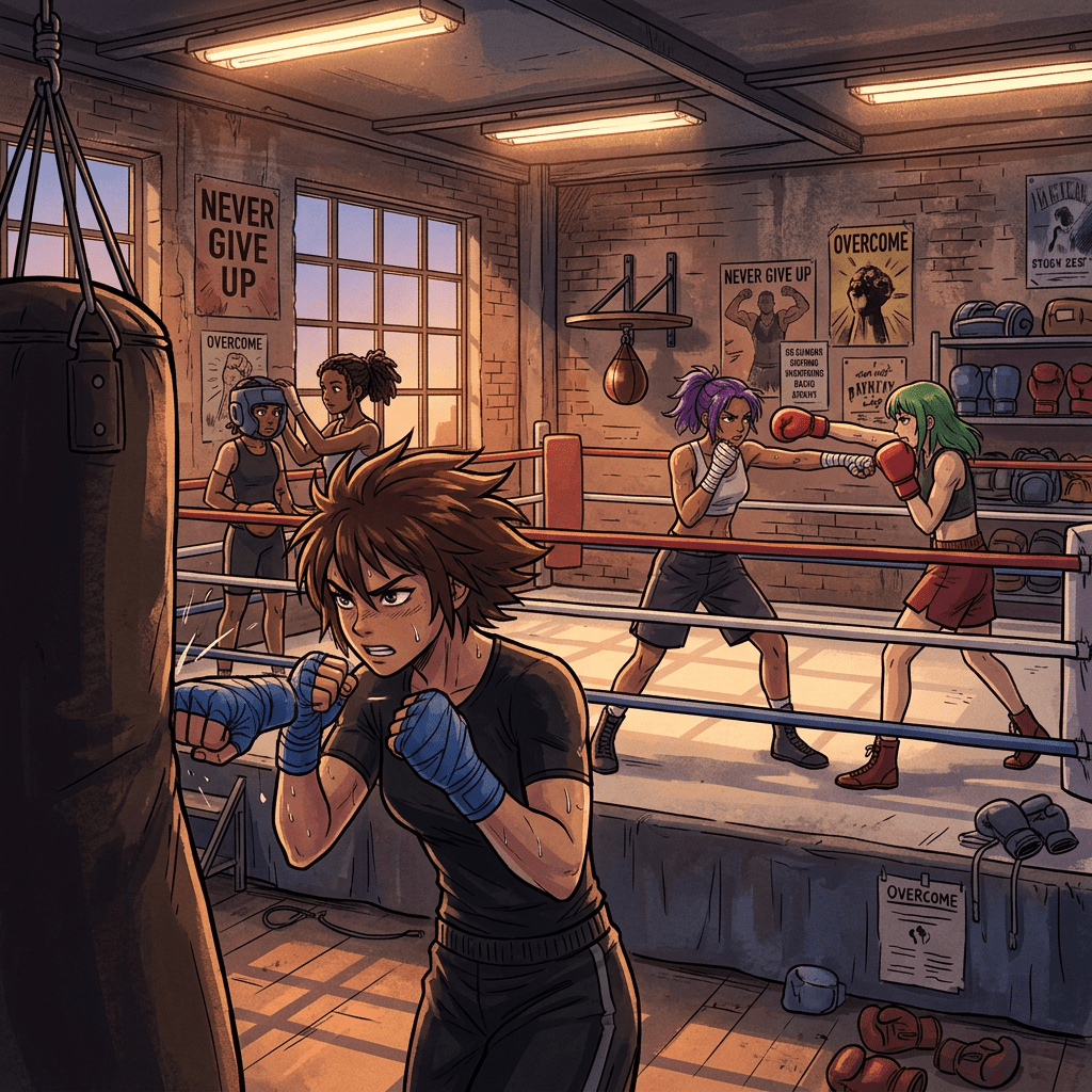 Young women boxing and training in a gym with punching bags and motivational posters